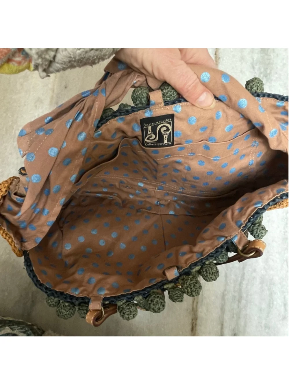 Sans-Arcidet Paris Raffia Straw Tote Bag Boho Crochet Pom Pom Beach